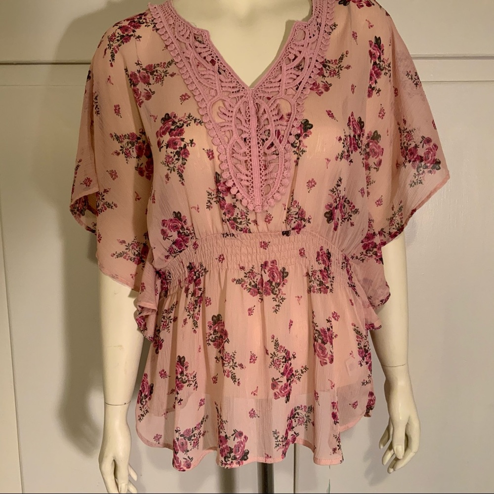 Candies bohemian style pink floral sheer blouse